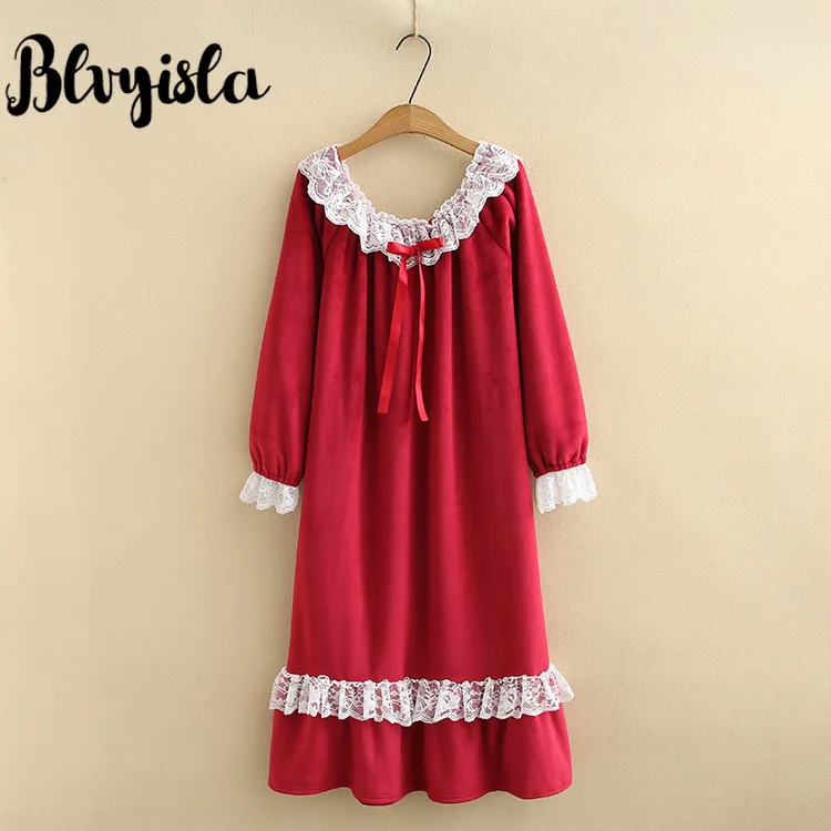 Blvyisla 5XL плюс негабаритный Красный Лолита средней длины кружева вышитые ночные рубашки сексуальные женские зимние плотные пижамы