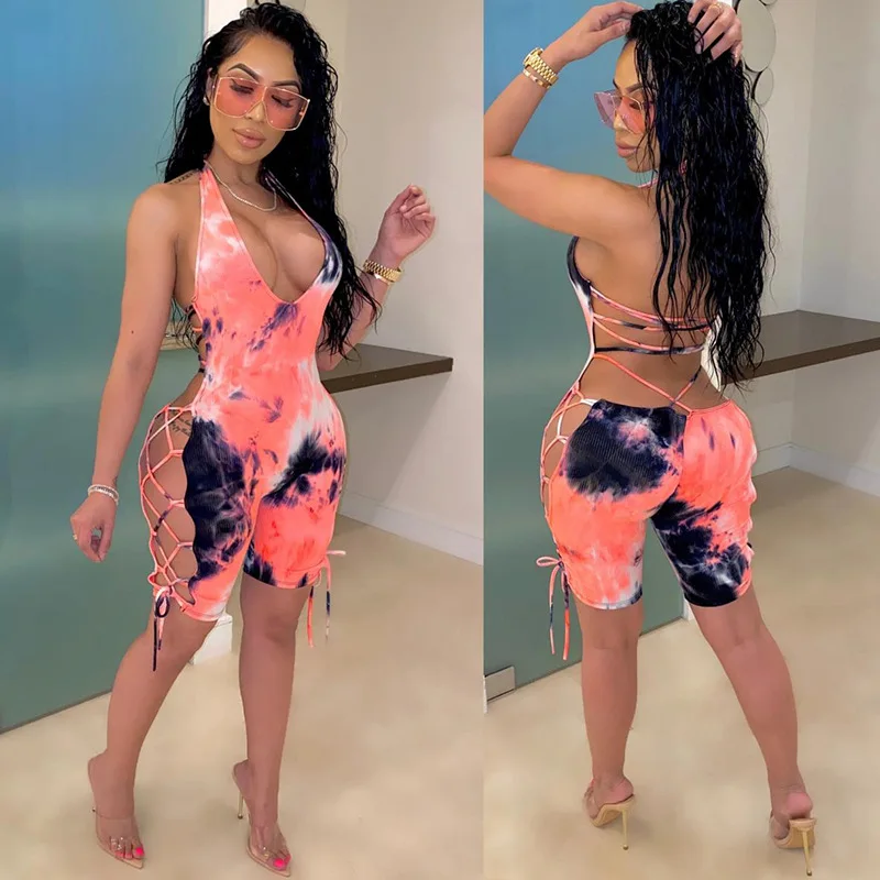 Hollow Out Tie-Dye Elastic Playsuit Women 2020 Sexy Evening Party Short Jumpsuit Rompers Summer Backless Bodycon Bodysuit Outfit