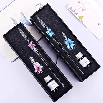 

Creative Handmade Glass Pens Flower Pattern Transparent Pen With Color Ink Stationery Set School Office Supply