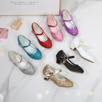 

Girls Princess Leather Shoes High Heel Glitter Shiny Rhinestone Enfants Fille Female Party Dress Shoes 2020 Spring & Autumn