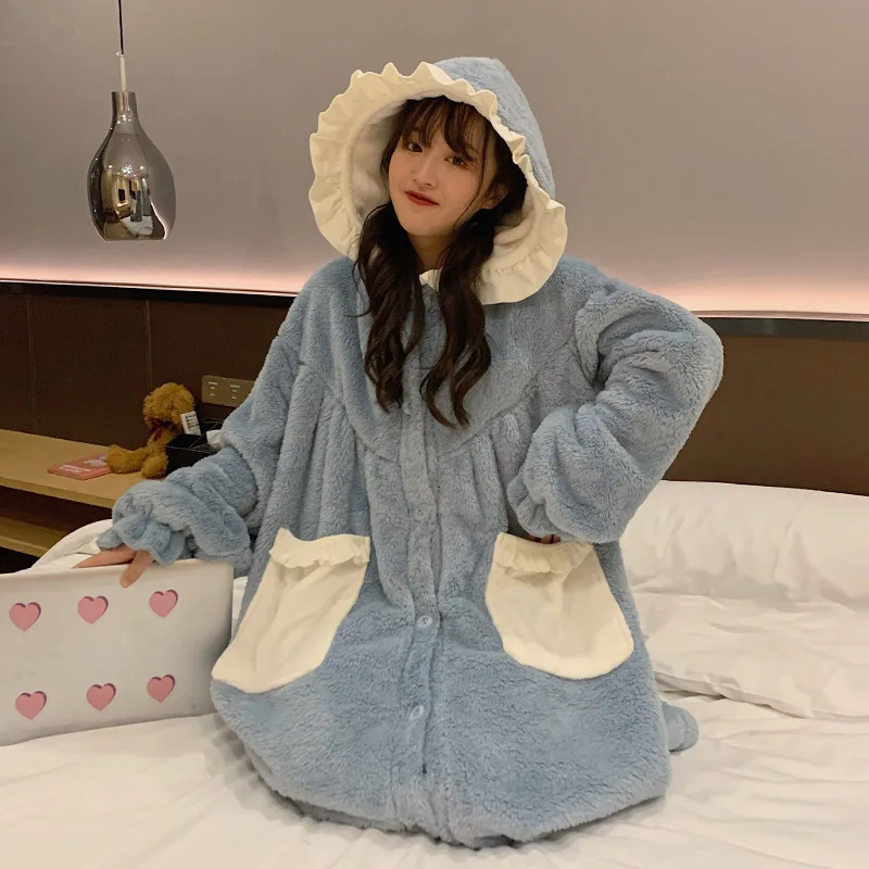 

2019 New Style Pajamas Women's Autumn And Winter Versatile Loose Warm Cute Peter Pan Collar Hooded Mid-length Tracksuit Nightgow