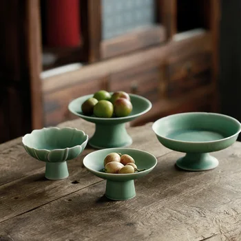 

Chinese retro High Feet Kiln change Crackle Ceramic Plate Porcelain Dessert Tray Fruit Snack Serving Platter Candy Dish H506