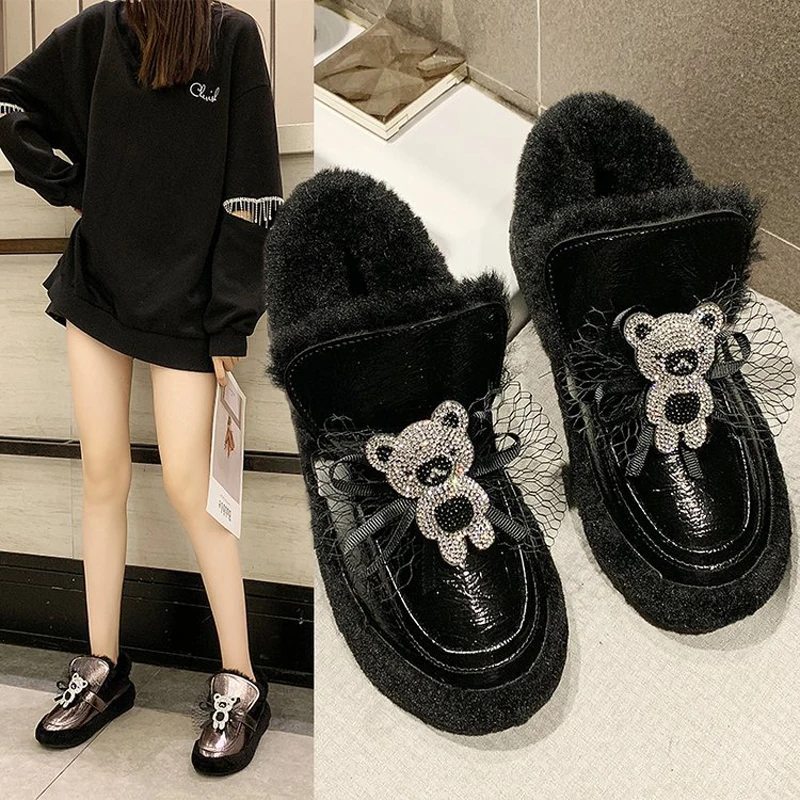 

W- Explosion style warm warm wild wear plus velvet casual outdoor solid color lazy one pedal cute bear hairy snow boots women