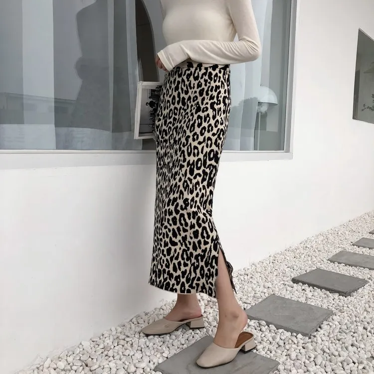 Миди юбка с животным принтом, Женская Мягкая шерстяная юбка с высокой талией и разрезом по бокам, леопардовая облегающая трикотажная миди юбка DV770