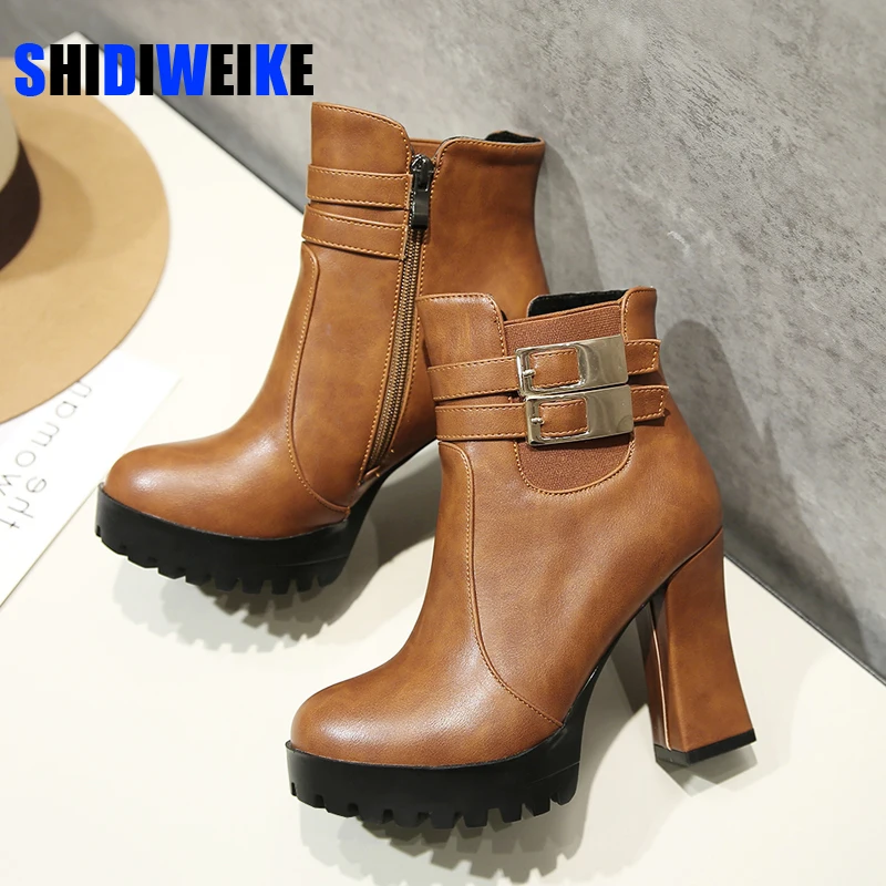 Women Ankle Boots side zip Platform Chunky High Heels Boots Shoes plus size