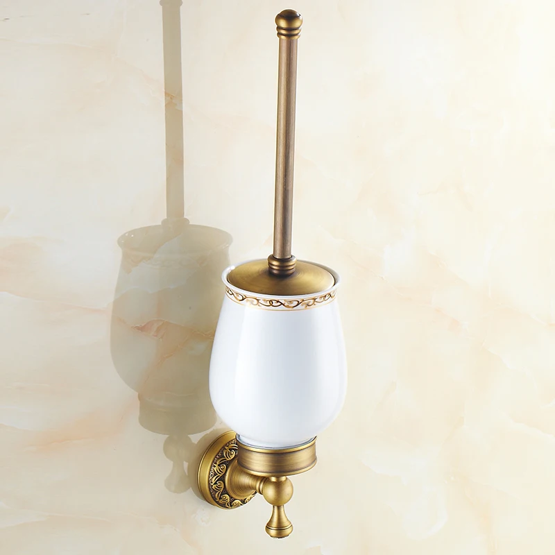 Antique Brass Carved Bathroom Accessories Set Towel Shelf Towel Holder Toilet Paper Holder Rock Hook Bath Hardware Sets - Цвет: Toilet Brush Holder