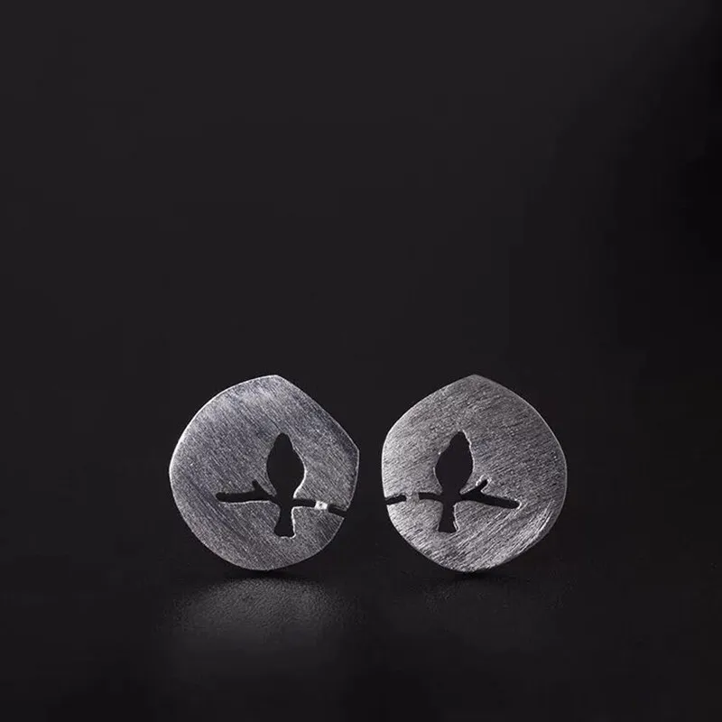 

925 Sterling Silver Earrings Matte Tree Branch Bird Stud Earrings For Women Fashion Creative Lady's Ear Studs Ear Jewelry