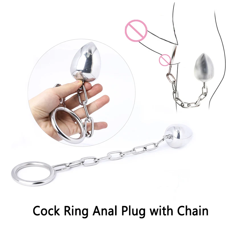 2 em 1 aço inoxidável plugue anal com anel de galo masculino pênis anel dispositivo de castidade cinto com corrente adulto jogo anal sexo brinquedos para homens