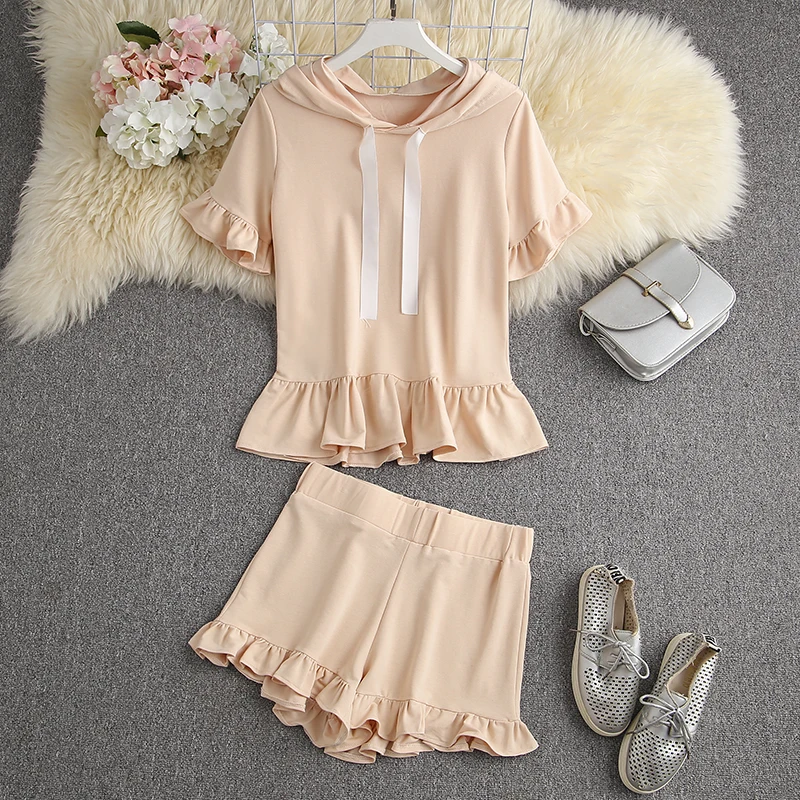 ALPHALMODA 2021 Summer Ribbon Hooded Ribbon Co ord Set Pleated Frill Peplum Hoodie Short Two Piece Set lounge sets for women Women's Sets