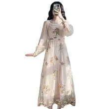 

2021French Floral Embroidery Party Dress Women Slash Neck Lantern Sleeve Lace Mesh Dress Boho Sweet LongRetroFashion new Dress