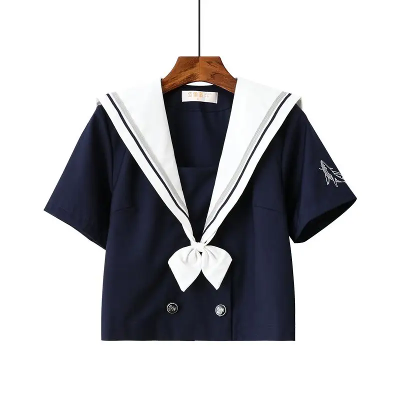 Японский JK ортодоксальный синий кит вышивка наборы школьная форма для девочек осень средняя школа для женщин Новинка матросские Костюмы униформы XXL - Цвет: short sleeve tops