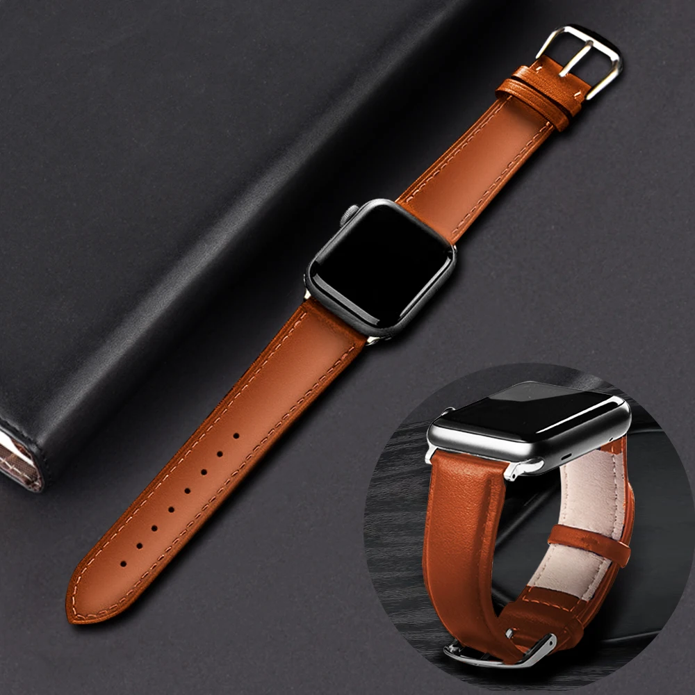 

Brown Leather Band Loop Strap For Apple Watch 4 3 2 1 38mm 40mm , Men Leather Watch Band for iwatch 5 44mm 42mm Bracelet