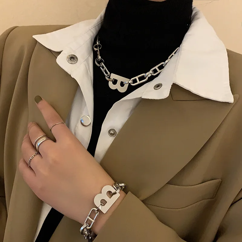 Fashion Gold Color Metal Letter B Earrings Bracelets for Women Thick Link Chain Bracelets Necklace Couple Jewelry Gift jewelry sets,jewelry set
