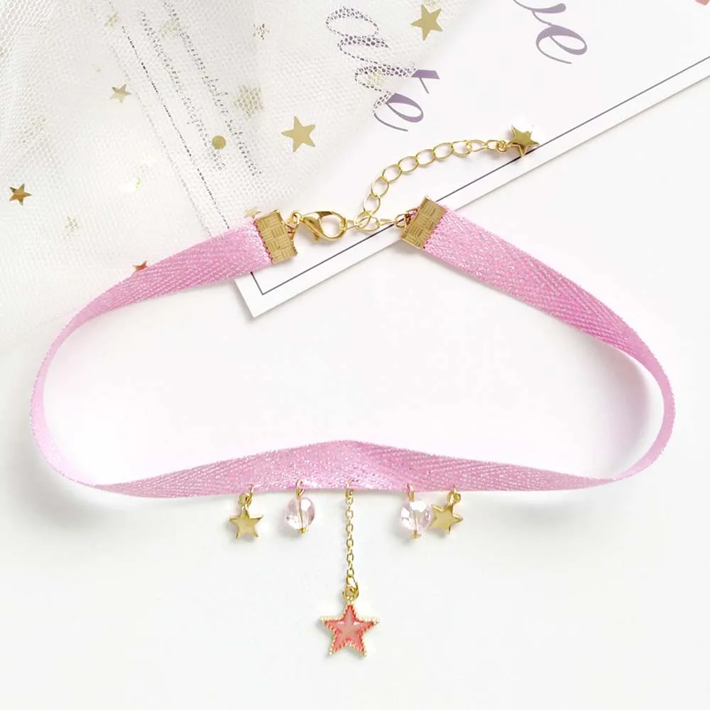 1 шт ожерелья Harajuku синий розовый цвет бархатная лента веревка чокер цепь земля Луна Звезда Кулон аксессуары подарок ювелирные изделия - Окраска металла: Star pink