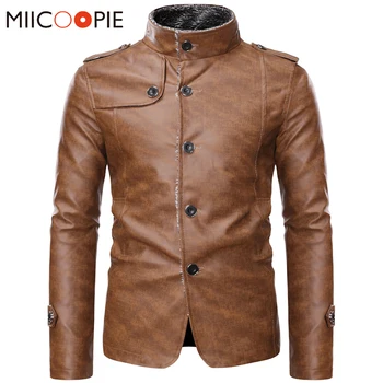 

Winter Thicken Faux Leather Jacket Men Turtleneck Button Down PU Chaqueta Cuero Hombre Outerwear Fleece Mens Biker Jackets Coats