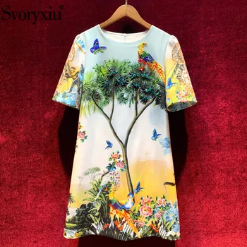 

Svoryxiu luxury Runway Summer Loose Short Dress Women's Short Sleeve Crystal Diamond Little Bird Butterfly Print Fashion Dresses