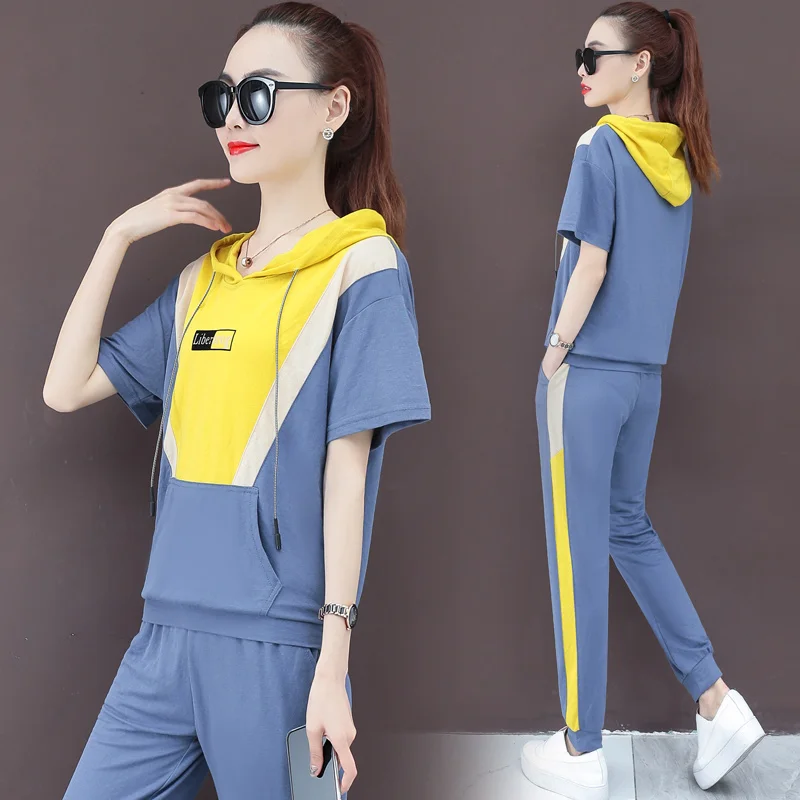 Cotton women's tracksuit 2020 loose large color matching leisure two