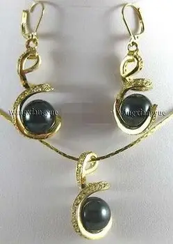 

>> 12mm Black South sea Shell Pearl Earrings & Necklace Pendant Set AAA