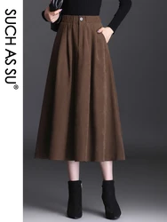 Tais como su nova lã 2021 botão feminino preto marrom cintura alta saia plissada outono inverno S 3XL tamanho feminino mid long saia 7129