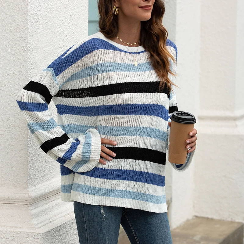 

Autumn Winter Women Sweaters And Pullovers Korean Style Long Sleeves Casual Loosen Striped Clothes Mujer Tops Flare Sleeves