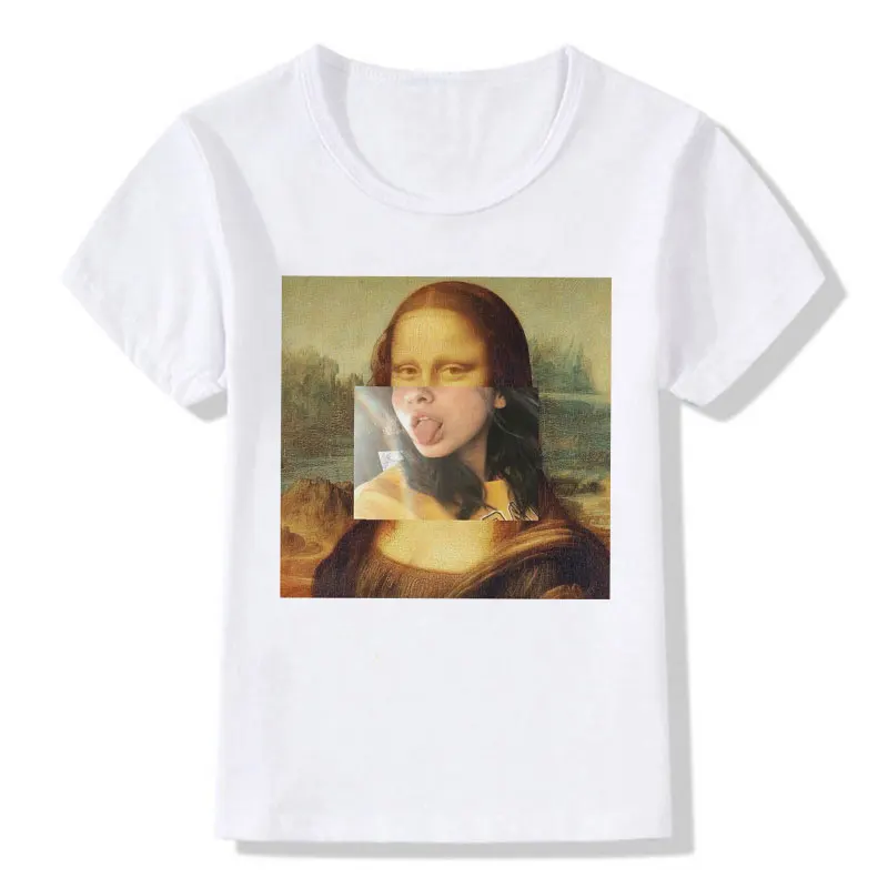 Летняя футболка детские милые Забавные топы с принтом Monla Lisa для девочек, модная футболка для мальчиков повседневная креативная футболка с круглым вырезом Kawaii