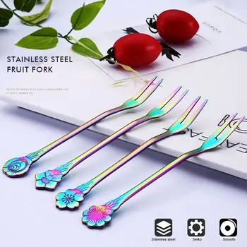 

4 piece set of stainless steel creative ic flower flower fruit fork colorful creative fruit sign colorful cake dessert fork