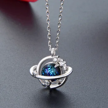 

Japan and South Korea small fresh glass pendant s925 pure silver planet necklace lady creative retro collarbone chain jewelry