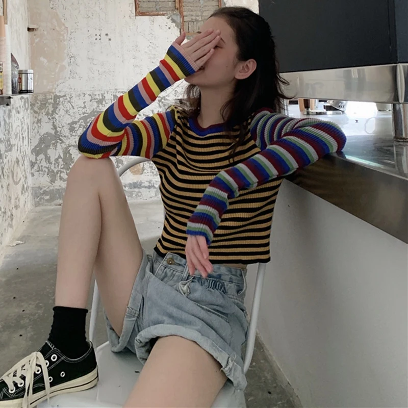 Striped Knitted T-shirt   Autumn Women Student Wind Casual Wild Slim Short T-shirt Female Crop Tops Long Sleeve T-Shirts 2