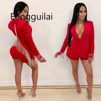 

Tsuretobe Autumn Women Long Sleeve Tassel Blazer Top And Shorts Suits Back Split Coat Deep V-Neck Sexy Two Piece Set Outfits