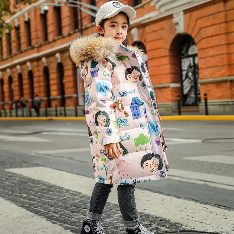

Printed Girls Boys Coat Over the Knee Kids Down Jackets Clothes Winter High Quality Outwear Warm Toddler Kids Windproof Top