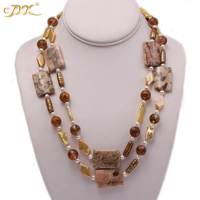 JYX 8.5x19mm tiger iron jasper and white round freshwater pearl red stone necklace Jewelry Gift for Women | Украшения и