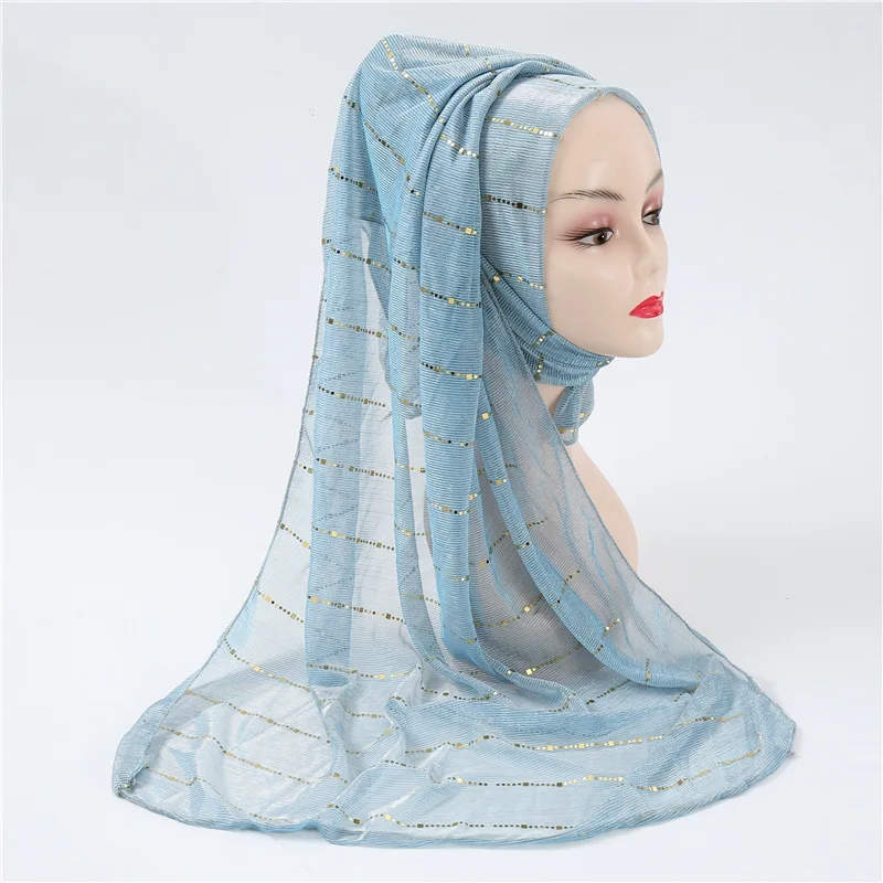 Сплошной хиджаб шарф женский новые зимние шарфы блестящие золотые блестки шали и обертывания тонкие пашмины Femme повязка на голову в полоску