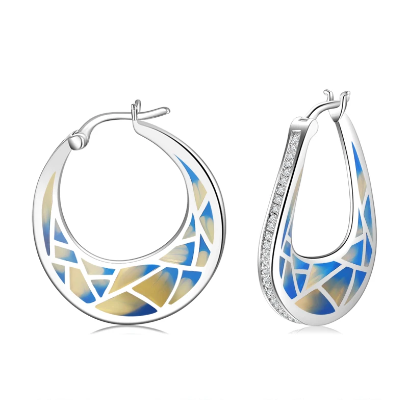 Женские серьги подвески из серебра 2020 пробы с синей и оранжевой эмалью|Серьги-кольца| |