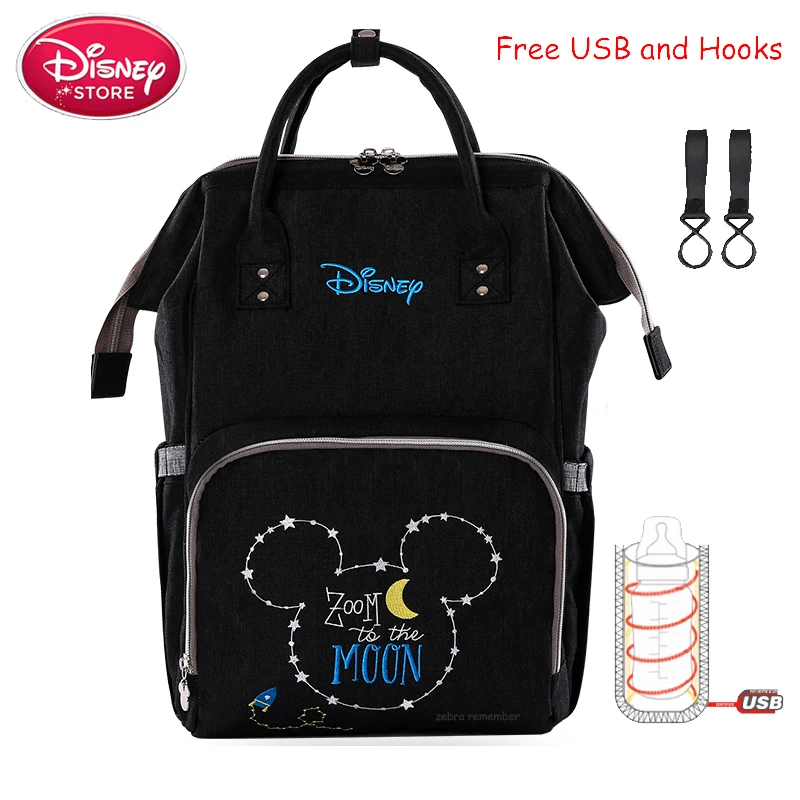 Новинка, сумка для подгузников для мамы Диснея, Сумка с Микки Маусом, USB разогревающие сумки для мамы и ребенка, сумка для беременных, дорожный рюкзак для ухода за ребенком - Цвет: Black