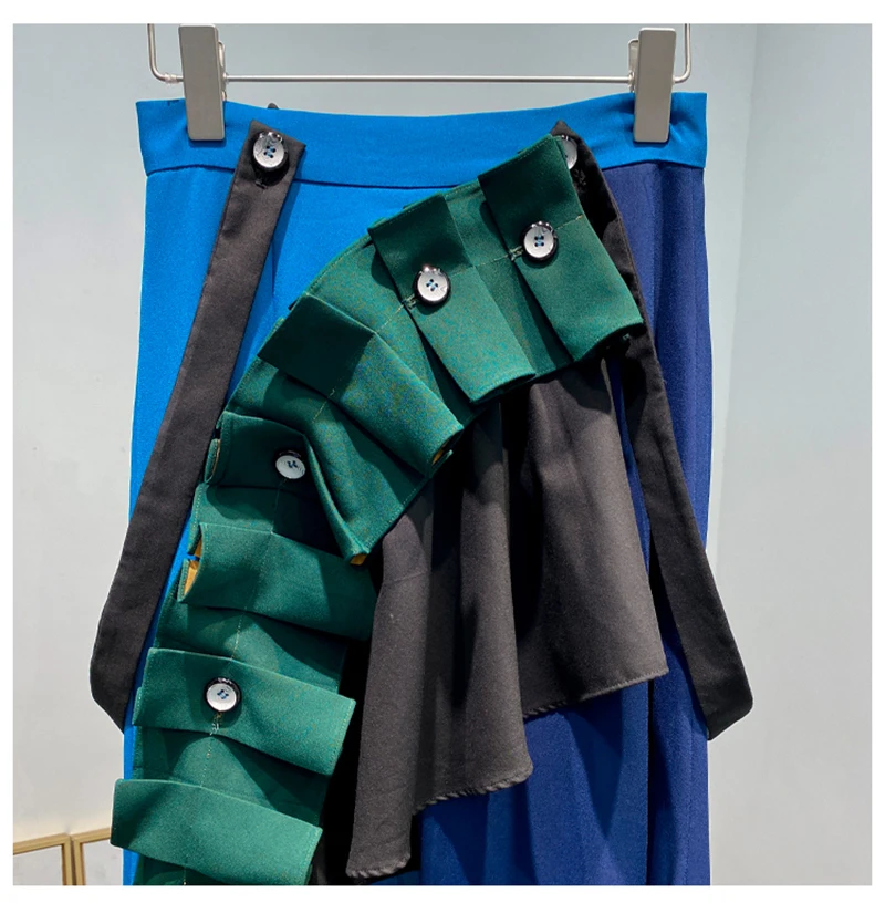 [EAM] High Waist Blue Asymmetrical Pleated Ruffles Temperament Half-body Skirt Women Fashion Tide New Spring Autumn 2020 1X801