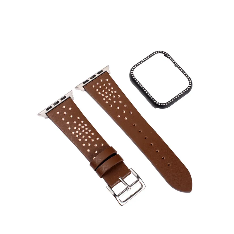 Кожаный ремешок для часов+ рамка чехол для Apple Watch 38/40/42/44 мм наручных часов Iwatch серии 4, версия 1, 2, 3, ремешок в виде бриллиантового украшения спортивные повязки наборы для ухода за кожей - Цвет ремешка: Sky Dark Coffee