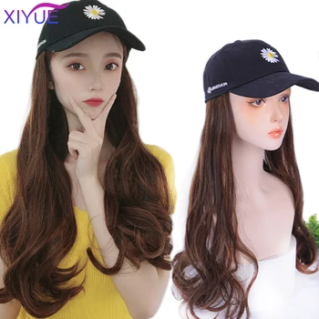 

XIYUE Women's Hat Wig One Peak Cap Large Wavy Long Hair Wig Synthetic Hair Dark Brown Black Curly Wig