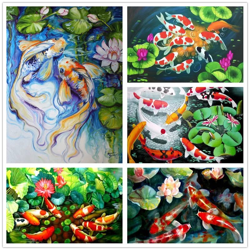 Новая алмазная живопись карп рыба и зеленые листья полностью круглая Алмазная