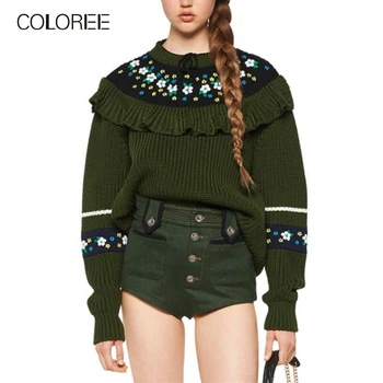 

Army Green Knitted Flower Embroidery Sweater Women 2019 Vintage Runway Designer Turtleneck Long Sleeve pullover