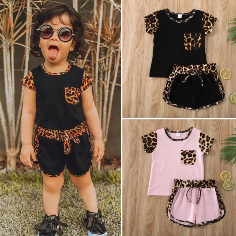 

Toddler Kid Baby Girl Short Sleeve Leopard Tops Shirt Patchwork Bowknot Short Pants Outfit Clothes Set 2PCS