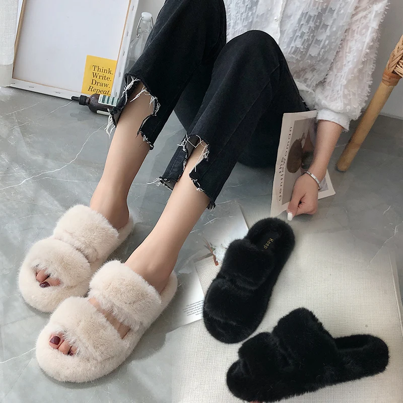 Fashion Women Faux Fur Slides Platform Flat Chunky Heel Fluffy Furry Slippers Winter Footwear Comfortable Ladies Shoes Female