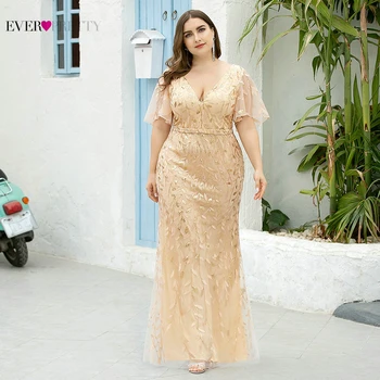 

Gold Prom Dresses Plus Size Ever Pretty Elegant Mermaid V Neck Ruffles Sparkly Sequined Long Party Gown For Wedding Maxi Dress