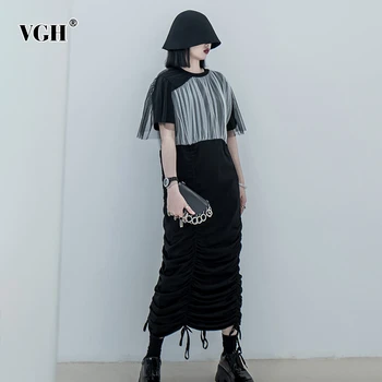 

VGH Casual Patchwork Mesh Women Dress O Neck Short Sleeve High Waist Ruched Hit Color Strpied Drawstring Dresses For Female Tide