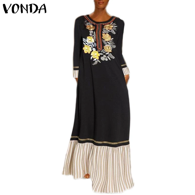 Богемное осеннее Макси-платье VONDA, женские повседневные свободные платья с длинным рукавом и круглым вырезом в стиле пэчворк, вечерние платья с цветочной вышивкой, длинное платье 5XL - Цвет: Черный