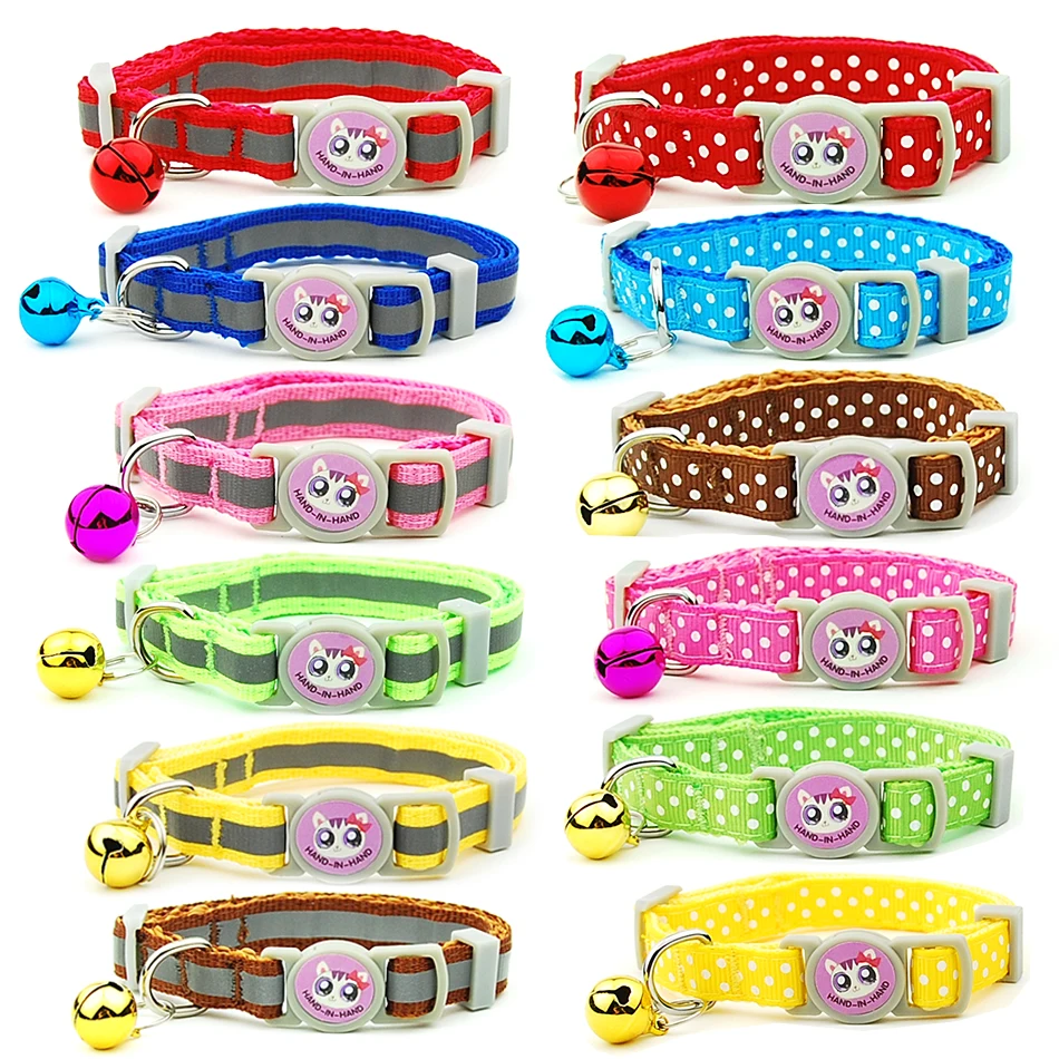Pet Cat Collar With Bell Breakaway Safety Adjustable Cat Collar Kitten Reflective Polka Dot Print Pet Cats Necklace Accessories