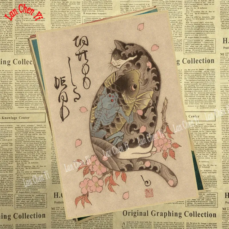 Японский самурайский Кот тату Кот винтажный настенный художественный напечатанный рисунок декор для гостиной спальни настенные наклейки