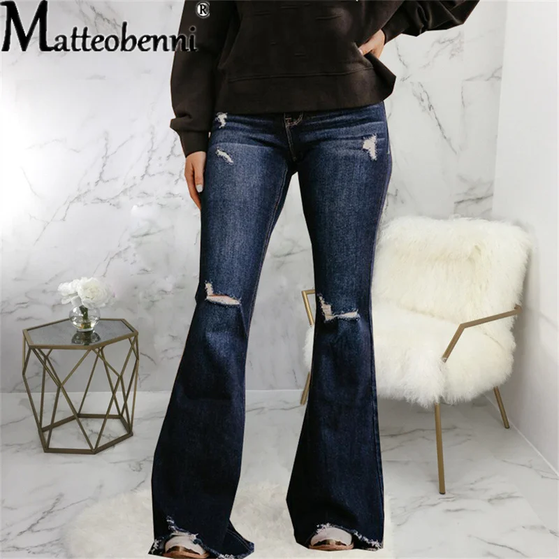 2021 Vintage Hole Ripped Jeans Women Wide Leg Denim Flare Slim Pants High Waist Party Casual Trousers Bodycon Bell Bottoms Pant