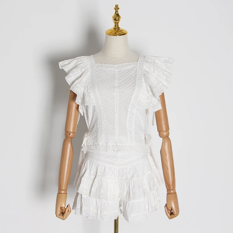 TWOTWINSTYLE, весенний кружевной лоскутный комплект из двух предметов, женский квадратный воротник, короткий рукав, блузка с оборками, шорты, женский костюм, мода - Цвет: white