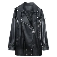 Manteau de moto en cuir mi long pour Femme, ample, à la mode 