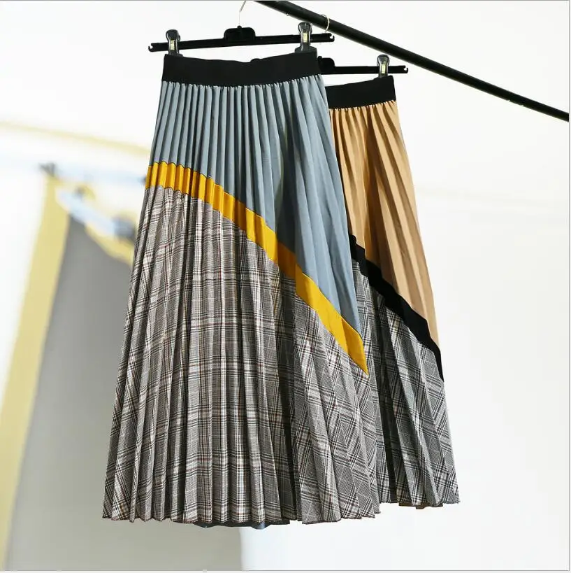Qooth Весна новое поступление Европейский Цвет Соответствующие клетчатая юбка в складку высокий уличный стиль до середины икры ампир полосатый женские юбки qh2069